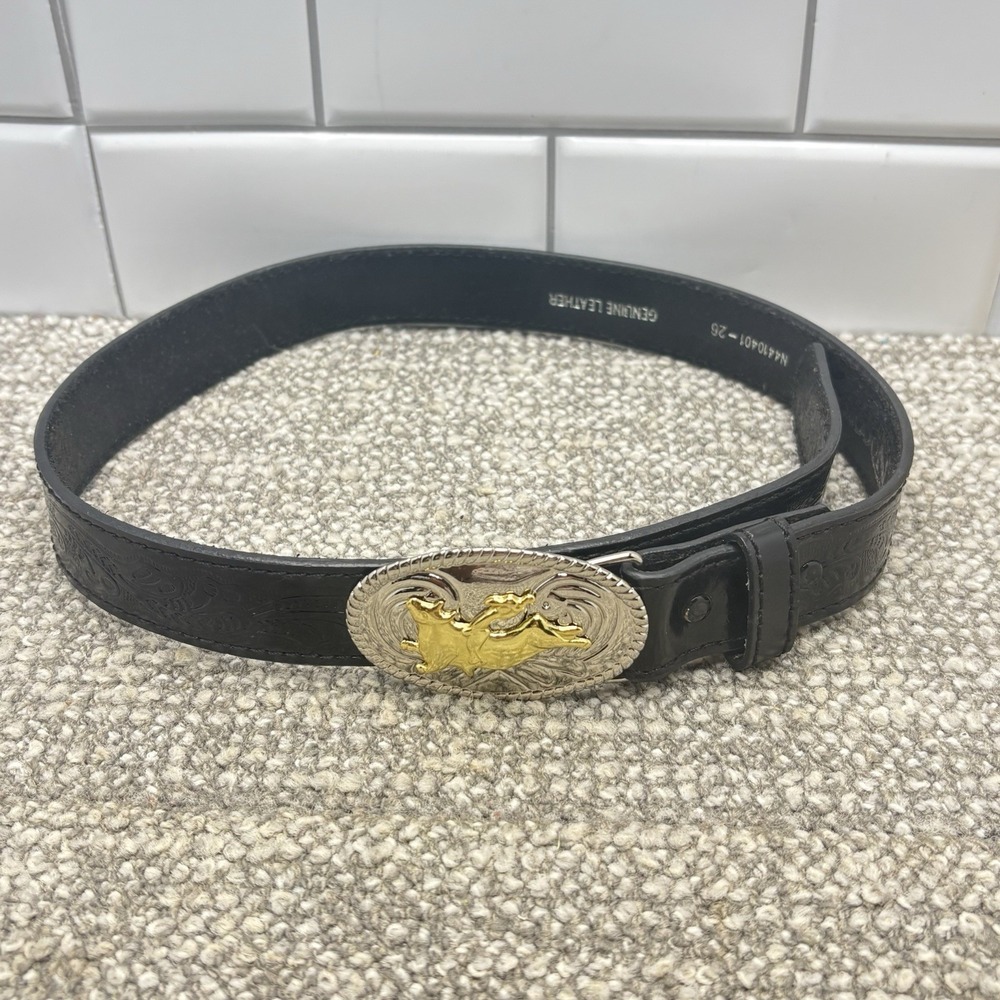 Leather Belt Tooled With Bull Buckle 26-31" Waist Western Line Dancing